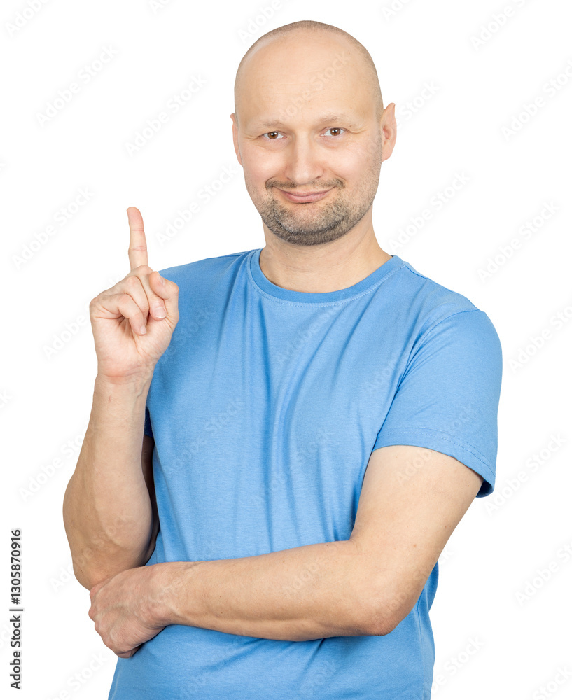 Smiling man raising index finger getting an idea on white background Smiling man raising index finger getting an idea on white background