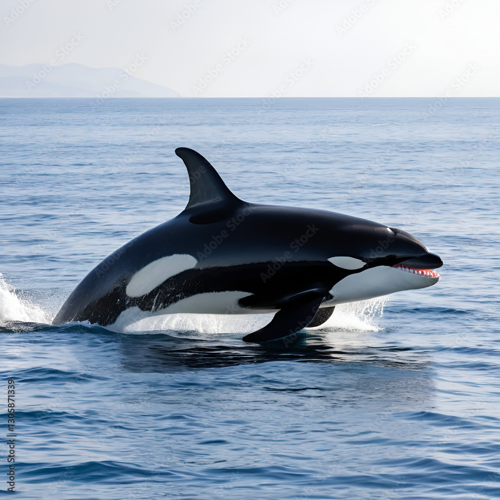Obraz premium orca - Orcinus orca - or killer whale, is a toothed whale and the largest member of the dolphin family highly stable matrilineal family groups or pods. Isolated on white background with copy space