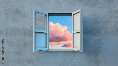 Open Window Framing Scenic View of Colorful Clouds Against a Bright Blue Sky at Dusk
