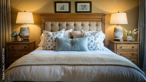 Bedroom with a Feng Shui arrangement featuring a solid headboard  balanced bedside tables  and no mirrors facing the bed