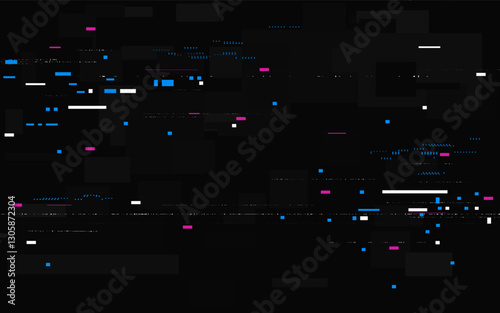 Glitch color pixels. Modern distorted texture with random lines and dots. Game background template with noise. Damaged video effect for brochure or poster. Vector illustration.