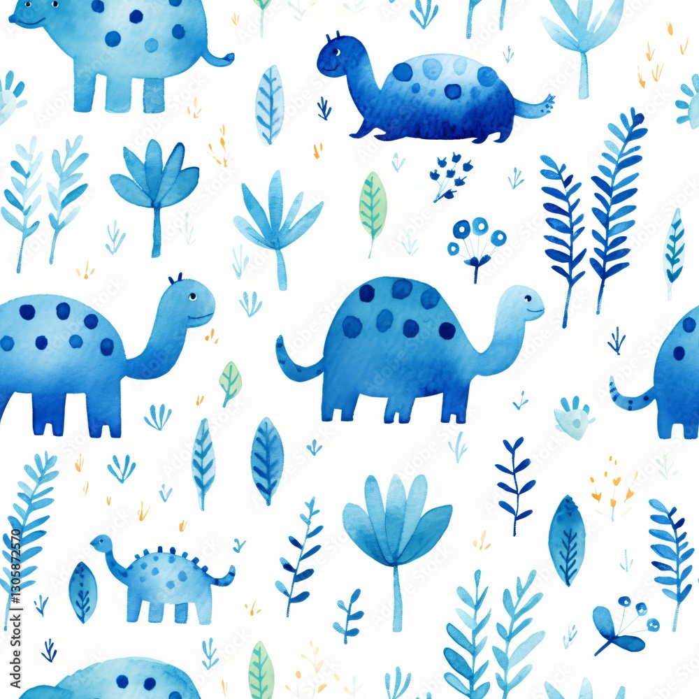 Obraz premium Blue dinosaur pattern for kids. Cute prehistoric animals with plants on white background. Nursery wallpaper, fabric print, wrapping paper design for children's room decor.