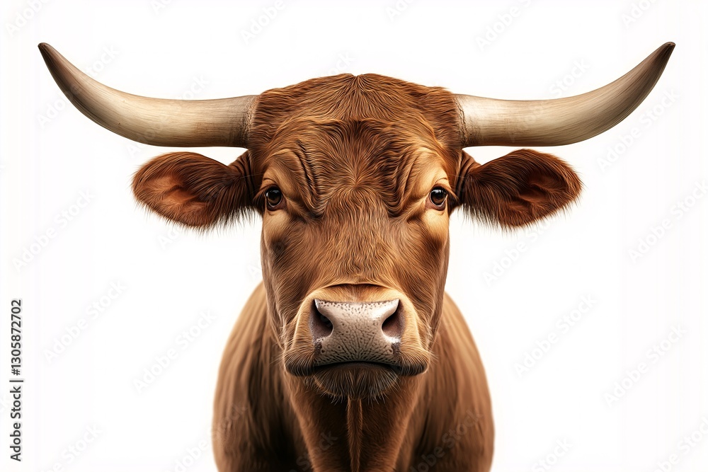 Brown Horned Cattle Portrait on Rural Farm Pasture - Realistic Livestock Headshot for Sustainable Agriculture and Animal Husbandry Brown Horned Cattle Portrait on Rural Farm Pasture - Realistic Livestock Headshot for Sustainable Agriculture and Animal Husbandry