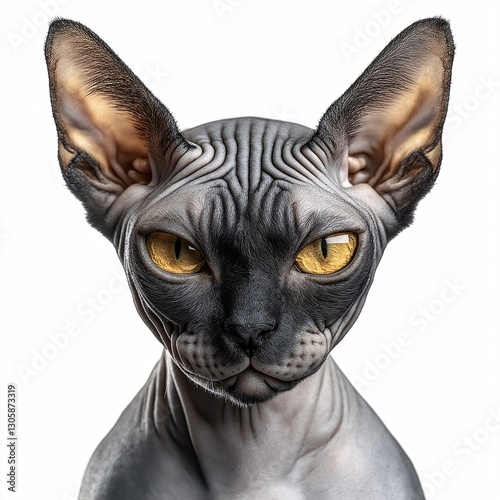 Captivating Sphynx Cat Portrait: Hairless Feline with Yellow Eyes and Unique Textured Skin - Pet Photography for Cat Lovers