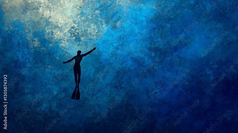 Silhouette of a free diver swimming in the deep blue sea, water texture Silhouette of a free diver swimming in the deep blue sea, water texture