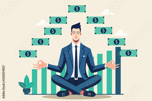 Cultivating a wealth mindset. Businessman meditating amidst falling money, symbolizing financial abundance,  financial freedom, growth, and achieving success through a positive mindset.