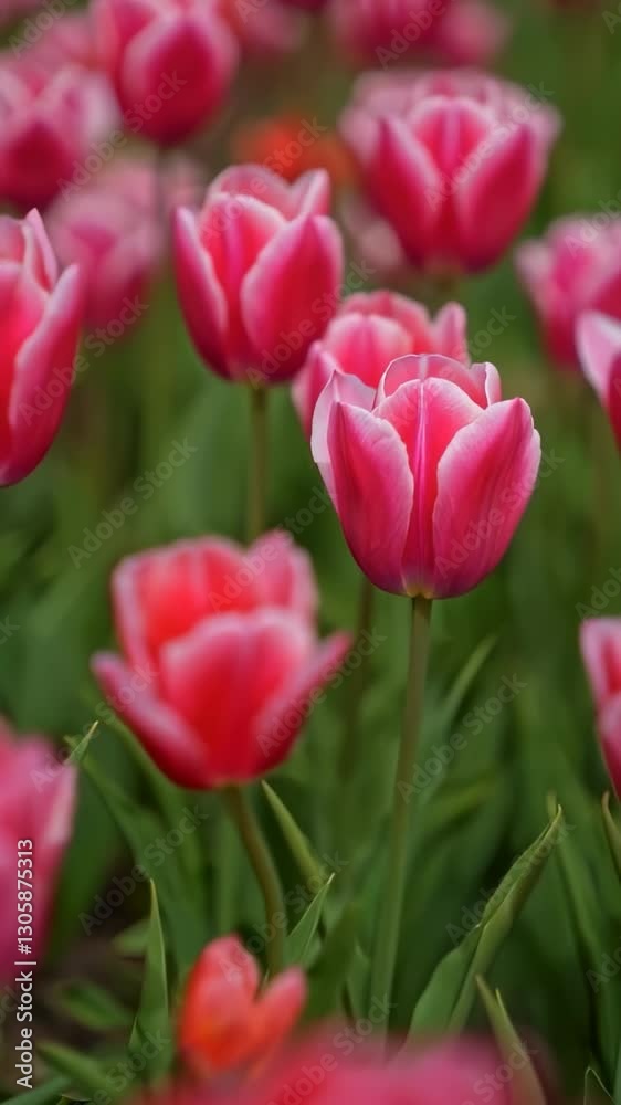 Vertical video Close-up of a tulip flowers blooming in a tulip field Vertical video Close-up of a tulip flowers blooming in a tulip field