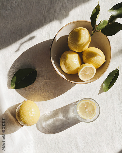 A linen tablecloth with fresh lemons and leaves, illuminated by warm sunlight, casting soft shadows and creating a natural, rustic aesthetic