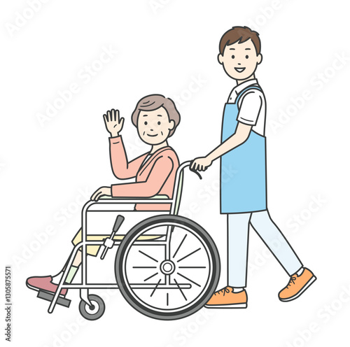 車椅子の高齢女性と介助ををする男性介護士イラスト