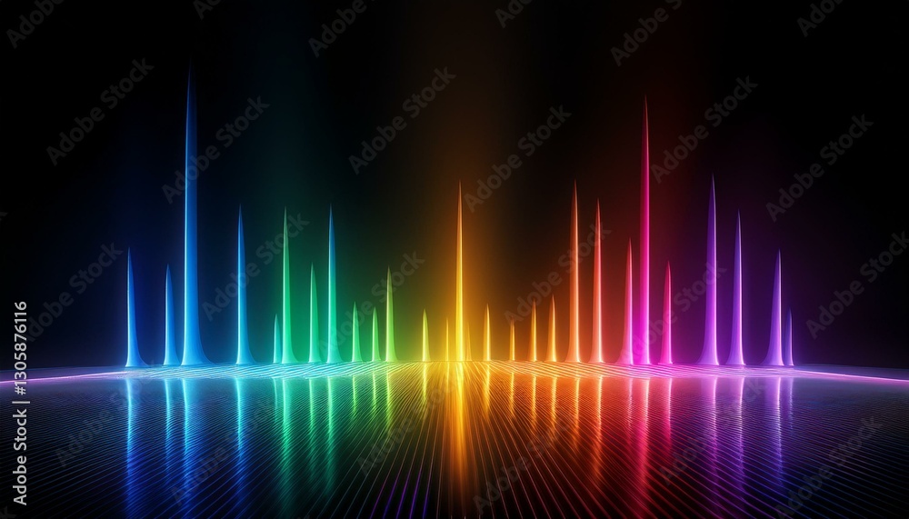 glowing spectrum rainbow light gradient with reflective floor on black dark background glowing spectrum rainbow light gradient with reflective floor on black dark background
