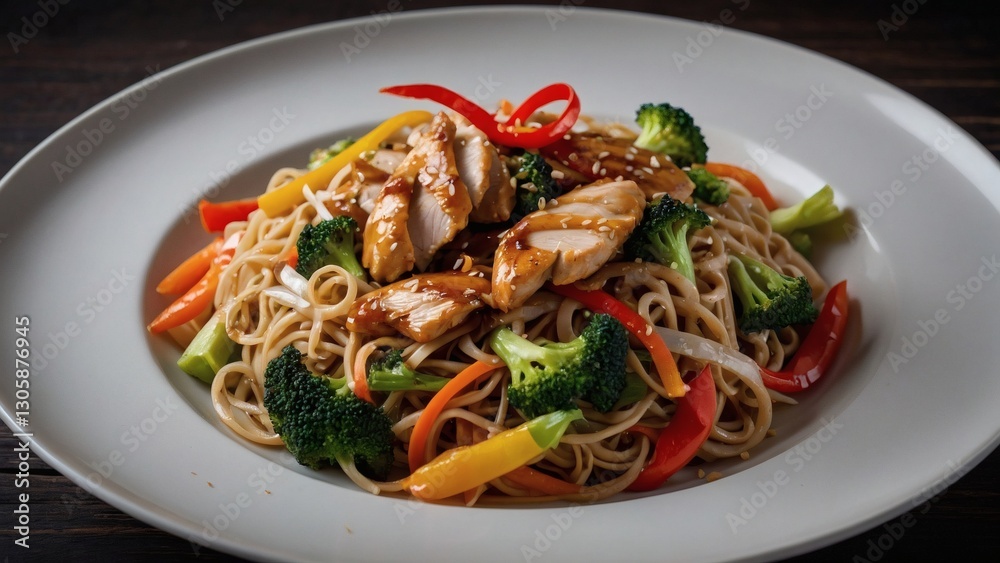 Delicious chicken noodle stir-fry with colorful vegetables and sesame seeds Delicious chicken noodle stir-fry with colorful vegetables and sesame seeds
