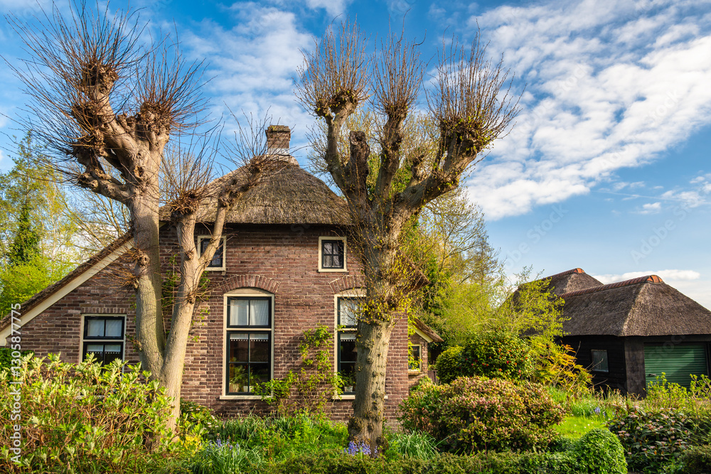 Giethoorn Netherlands, city skyline at canal and traditional house in Giethoorn village