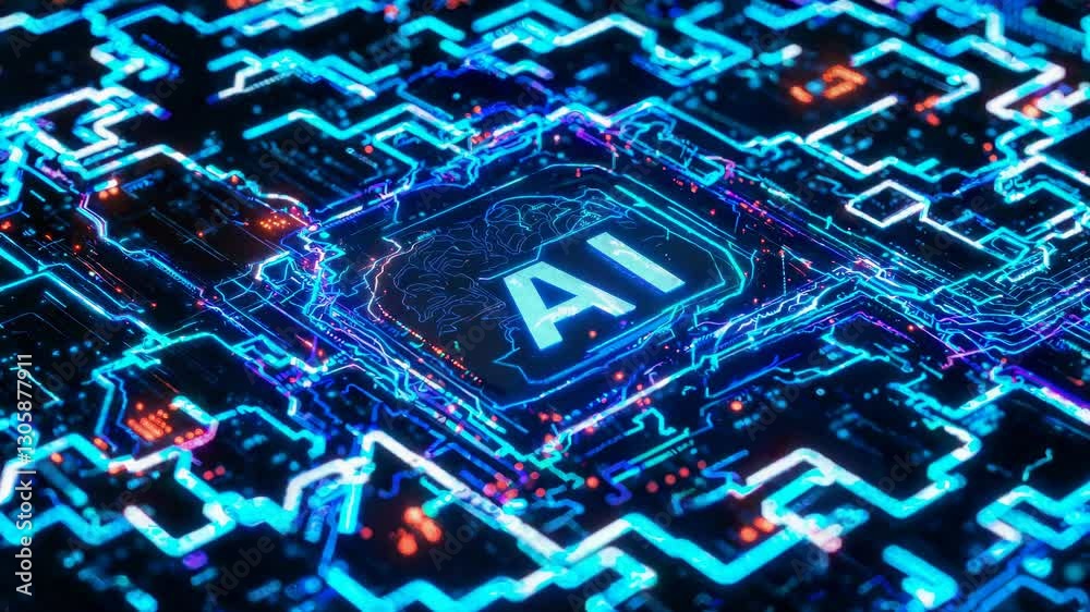 Futuristic AI circuit board design with glowing blue and orange lights. Top-down camera angle, resembling a sci-fi video game interface.