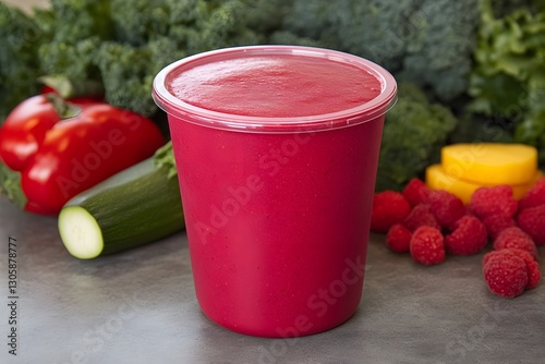 Delicious Pink Smoothie in Cup with Fresh Fruits and Vegetables