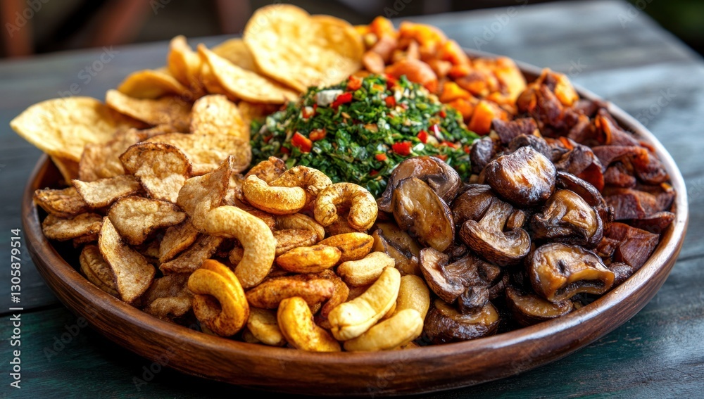 Assorted snack platter with chips, nuts, dried fruits, and mushrooms. Assorted snack platter with chips, nuts, dried fruits, and mushrooms.