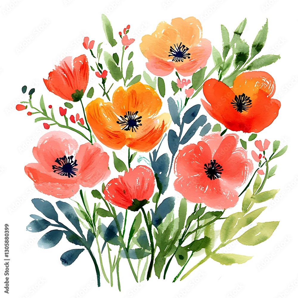 Fototapeta premium Watercolor Poppy Flower Bouquet.