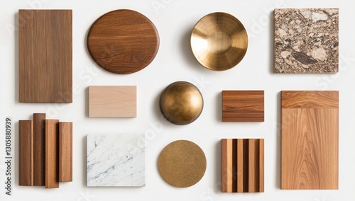 Assorted wood, marble, and metal surface samples arranged on white background.