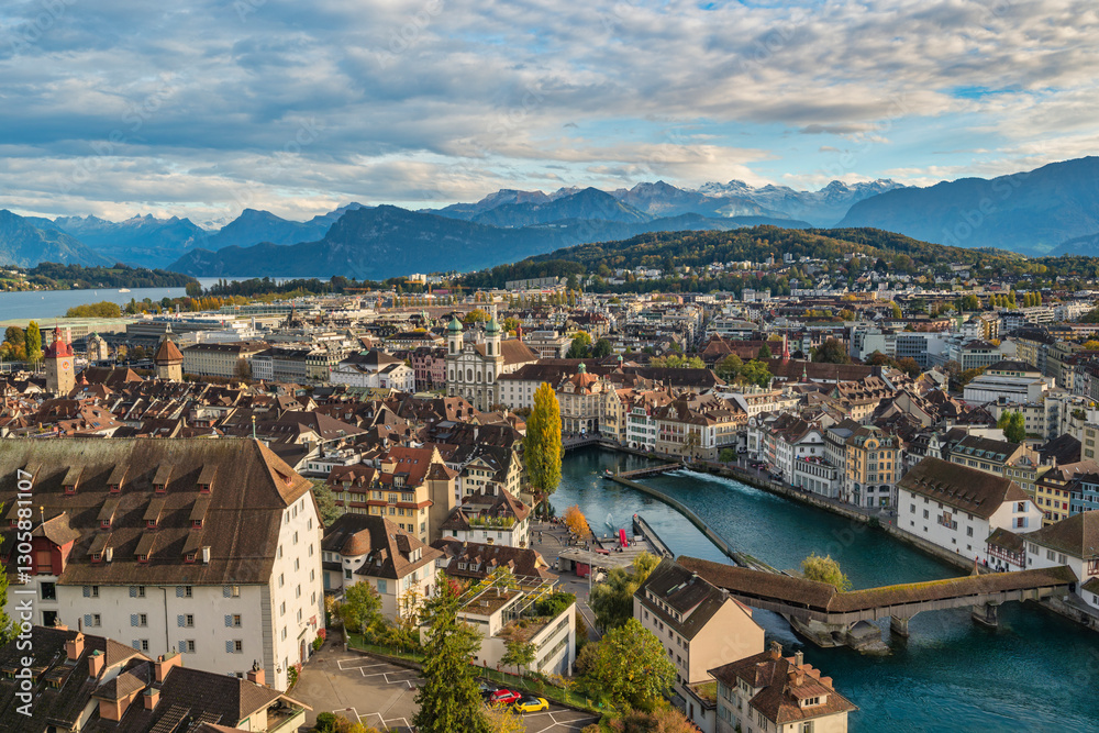 Lucerne (Luzern) Switzerland high angle view city skyline at Reuss river