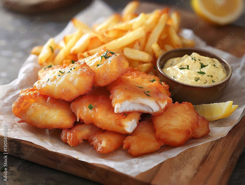 Crispy Fish and Golden Fries: Traditional English Cuisine in a Gourmet Seafood Platter with Tartar Sauce Crispy Fish and Golden Fries: Traditional English Cuisine in a Gourmet Seafood Platter with Tartar Sauce