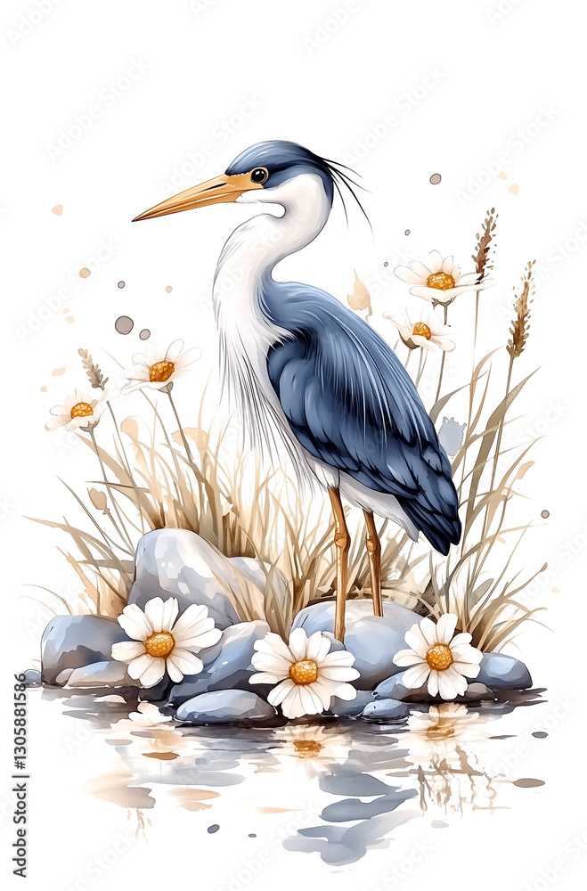 Fototapeta premium Blue and white bird stands on a rock next to a field of daisies. Concept of tranquility and peacefulness, as the bird appears to be enjoying its surroundings