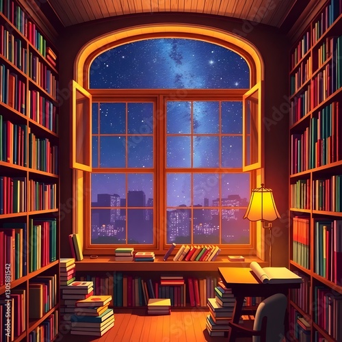 Literary Haven: A cozy, inviting library bathed in warm light, filled with floor-to-ceiling bookshelves, with a large window overlooking a stunning view of the night sky