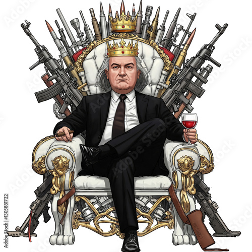 A confident man in an austere suit sits on a large demonic rich throne