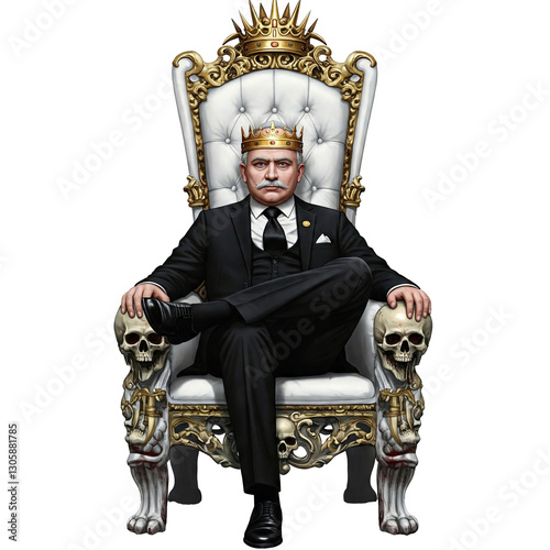 A confident man in an austere suit sits on a large demonic rich throne