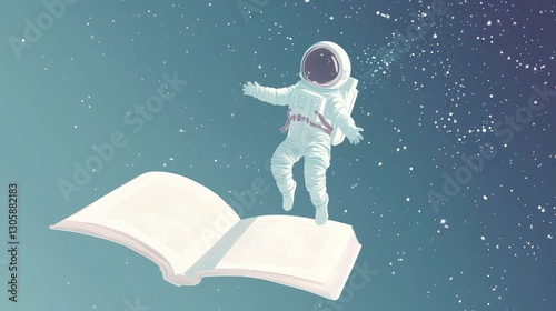 Minimalist Illustration of a Young Girl in an Astronaut Suit Floating Above an Open Book, Symbolizing Imagination and Exploration