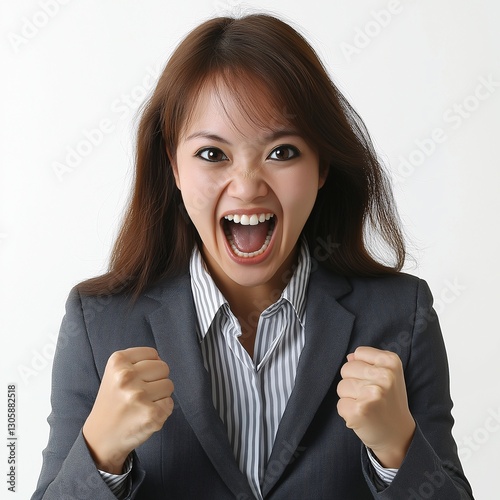 Dynamic Young Business Woman Celebrates Professional Success with Enthusiastic, Joyful Expression in Workplace Portrait