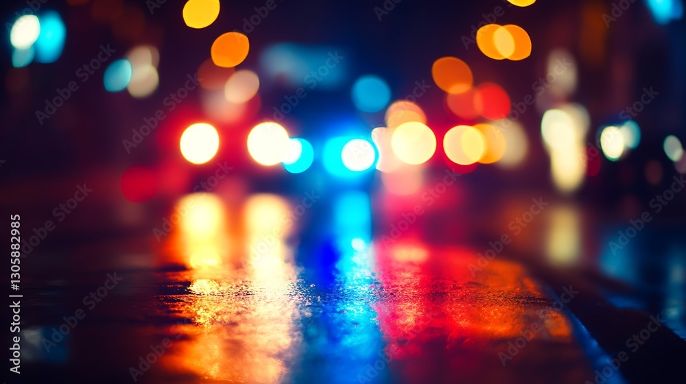 Blurred background of police flashing lights at the crime scene,
Blurred background of police flashing lights at the crime scene,
