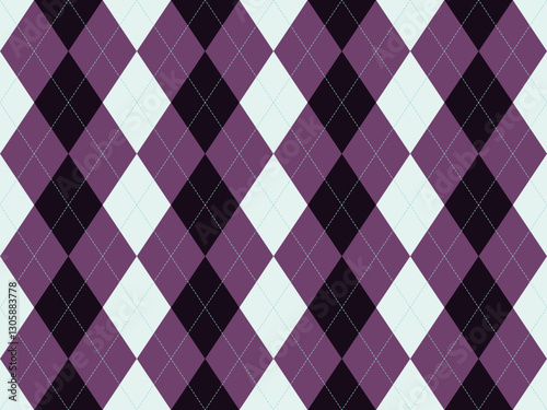 Stylish argyle pattern in purple, black, and white.  Perfect for backgrounds, textiles, or fashion design. This geometric design offers a sophisticated and timeless aesthetic.