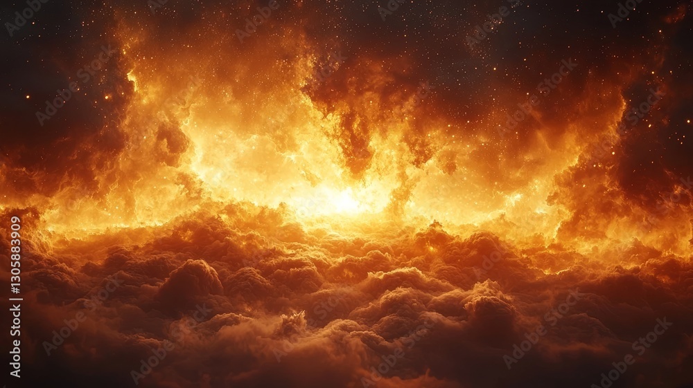 Vibrant cosmic explosion illuminating clouds, showcasing fiery hues and dynamic energy, perfect for sci-fi or fantasy themes. Vibrant cosmic explosion illuminating clouds, showcasing fiery hues and dynamic energy, perfect for sci-fi or fantasy themes.