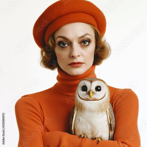Vintage Style Portrait of Woman with Owl - Fashionable Beret and Vibrant Accessories in Bright Studio Scene