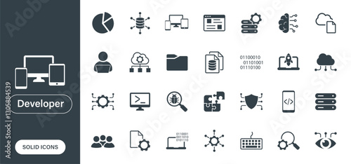 Solid vector icon set on topics related to developers, computer technology, programming, and coding.