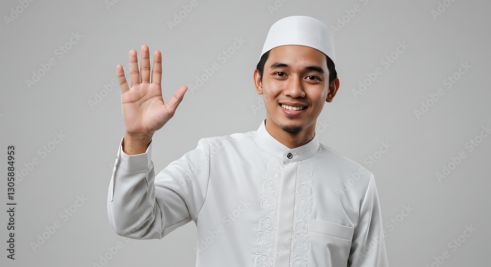 Naklejka premium Happy Muslim Man in White Traditional Clothing Greeting with Hand Raised