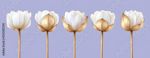 Elegant white flowers, gold stems, purple background