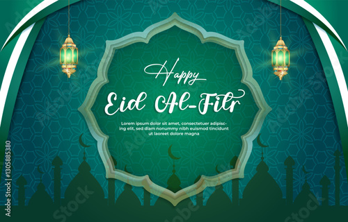 happy eid al fitr template banner with beautiful islamic ornament with green background design 015