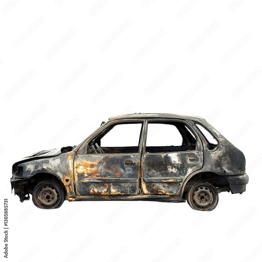Fototapeta premium a charred and rusted car. showcasing the aftermath of a fire or severe damage the vehicle is positioned against a plain white background. emphasizing its dilapidated state and evoking themes of neglec
