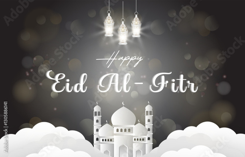 happy eid al fitr template banner with beautiful islamic ornament with grey background design 05