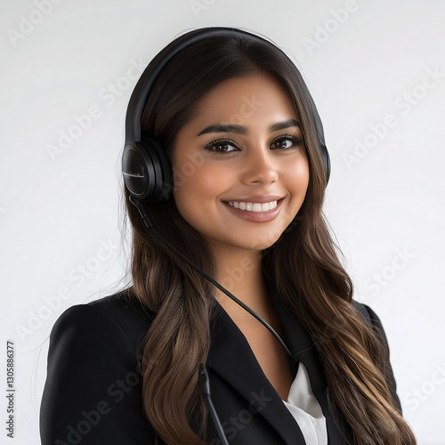 Smiling Businesswoman in Headset: Confident Call Center Professional in Modern Office
