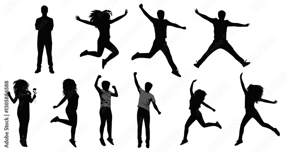 Silhouettes of young people jumping in fashionable clothes. Vector silhouettes man and women, illustration. JPEG version.