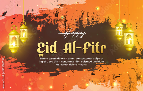 happy eid al fitr template banner with beautiful islamic ornament with orange background design 09