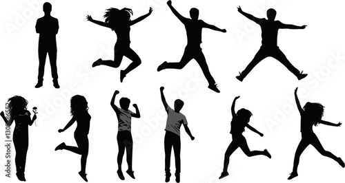 Silhouettes of young people jumping in fashionable clothes. Vector silhouettes man and women, illustration. EPS 10 version.