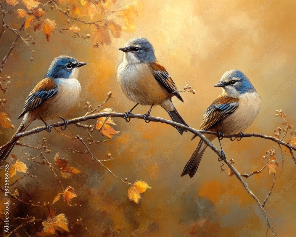 Obraz premium Autumnal birds perched on branch, golden light, foliage background