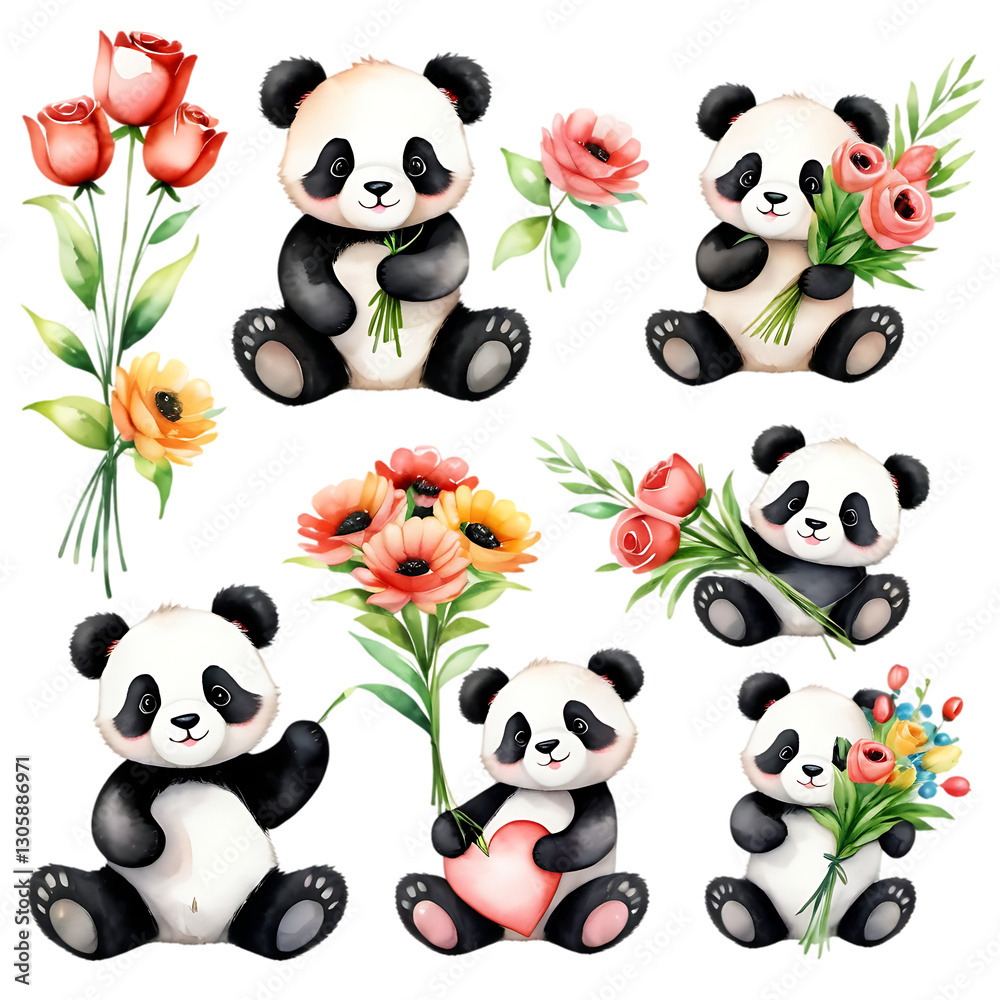 Obraz premium Cute Panda Bears Holding Flowers Watercolor Illustration on Black Background