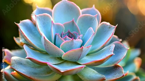 Beautiful succulent plant showcasing vibrant colors and intricate details in natural light during golden hour