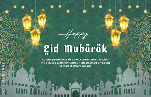 happy eid mubarak template banner with beautiful islamic ornament with green background design 010