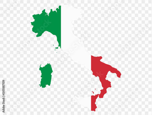 Italy map with Italy flag inside, officially isolated on transparent PNG background. Perfect for designs, high-quality image.