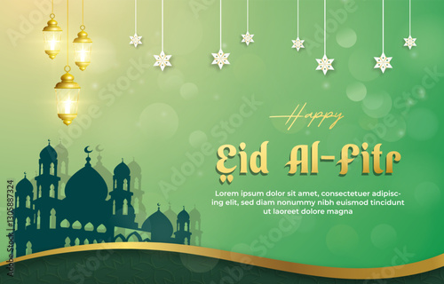 happy eid al fitr template banner with beautiful islamic ornament with green background design 07