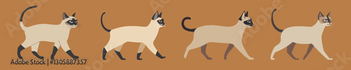 Stylized Siamese cats walking isolated illustration, vector set